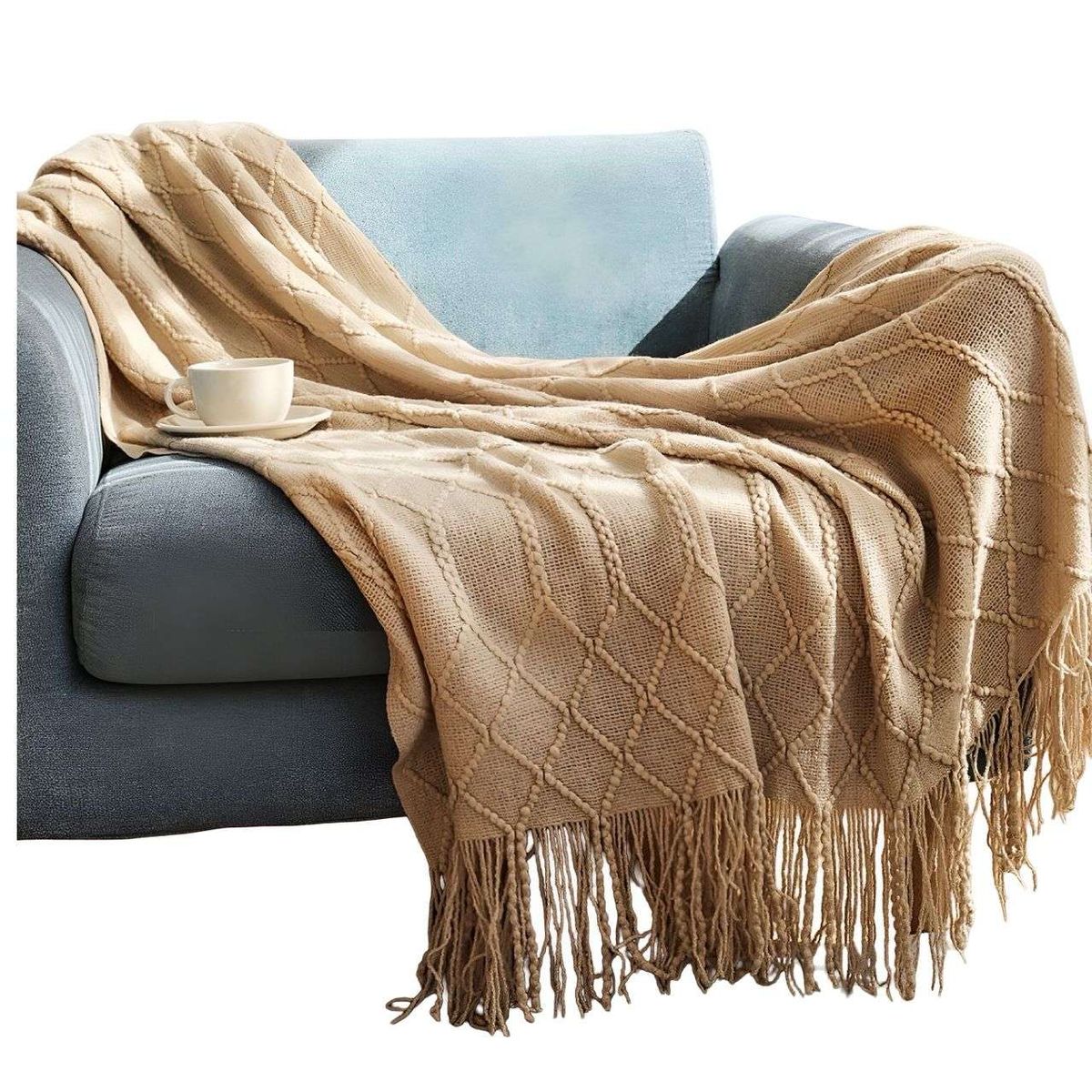 GENERICO - Mantas para sofas camas u oficinas con Flecos 127x152 cm Beige