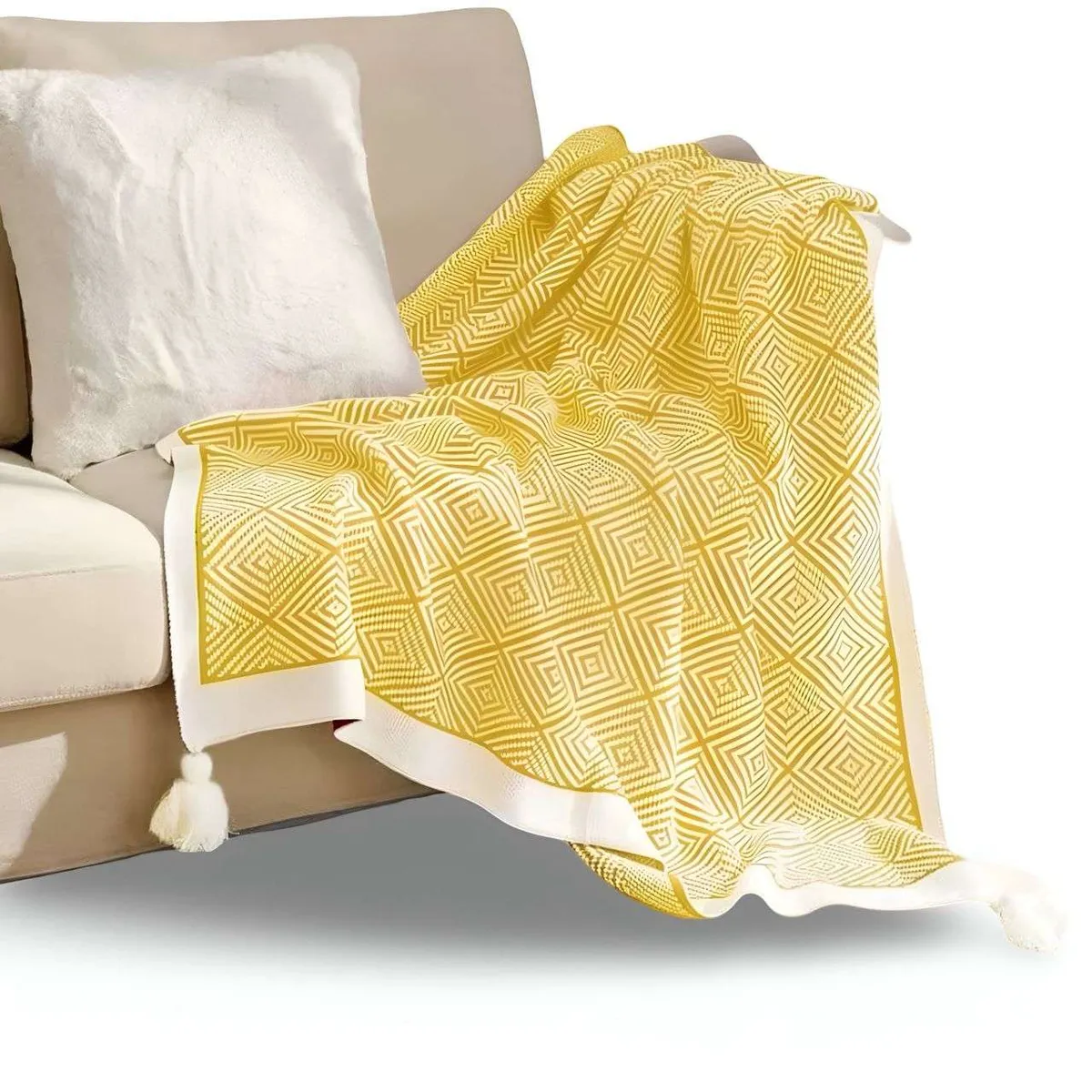 GENERICO - Mantas para sofas camas u oficinas con pompon 130x150 cm Amarillo