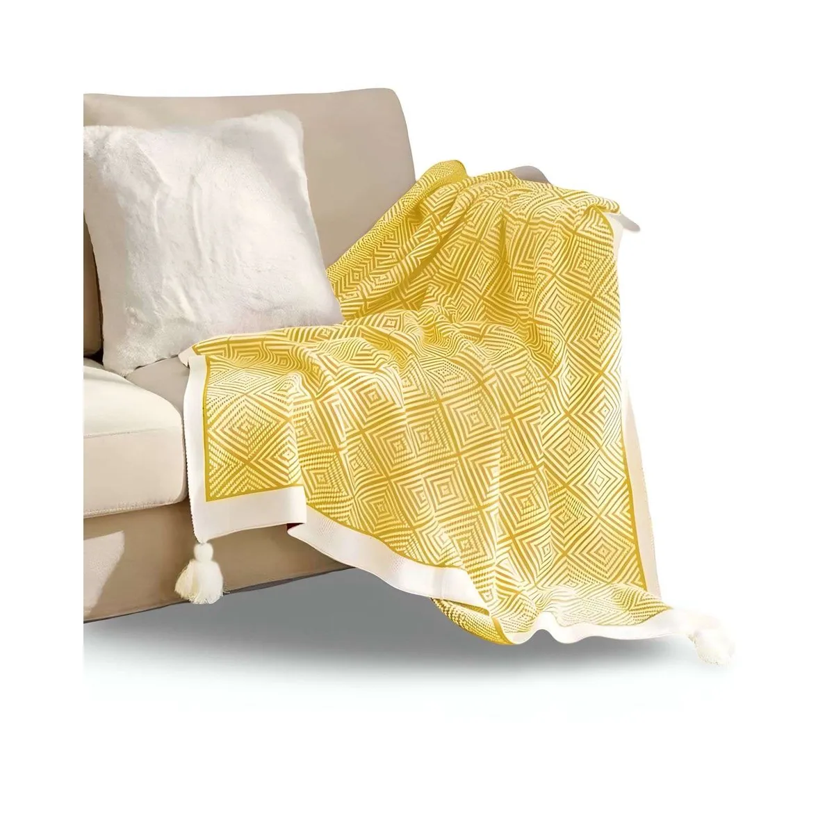 GENERICO - Mantas para sofas camas u oficinas con pompon 130x150 cm Amarillo
