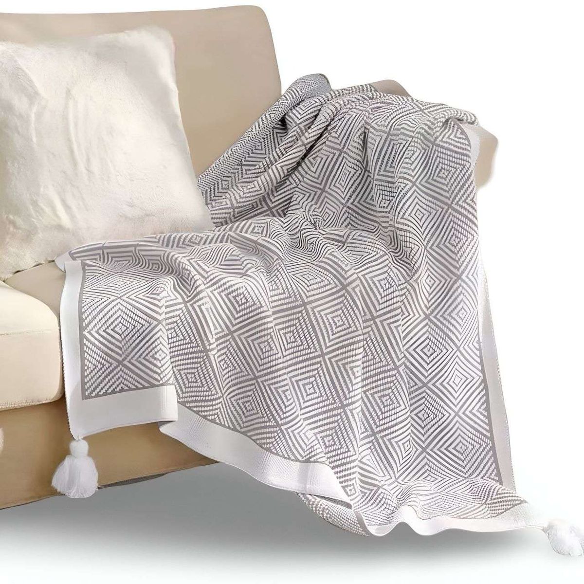 GENERICO - Mantas para sofas camas u oficinas con pompon 130x150 cm Gris