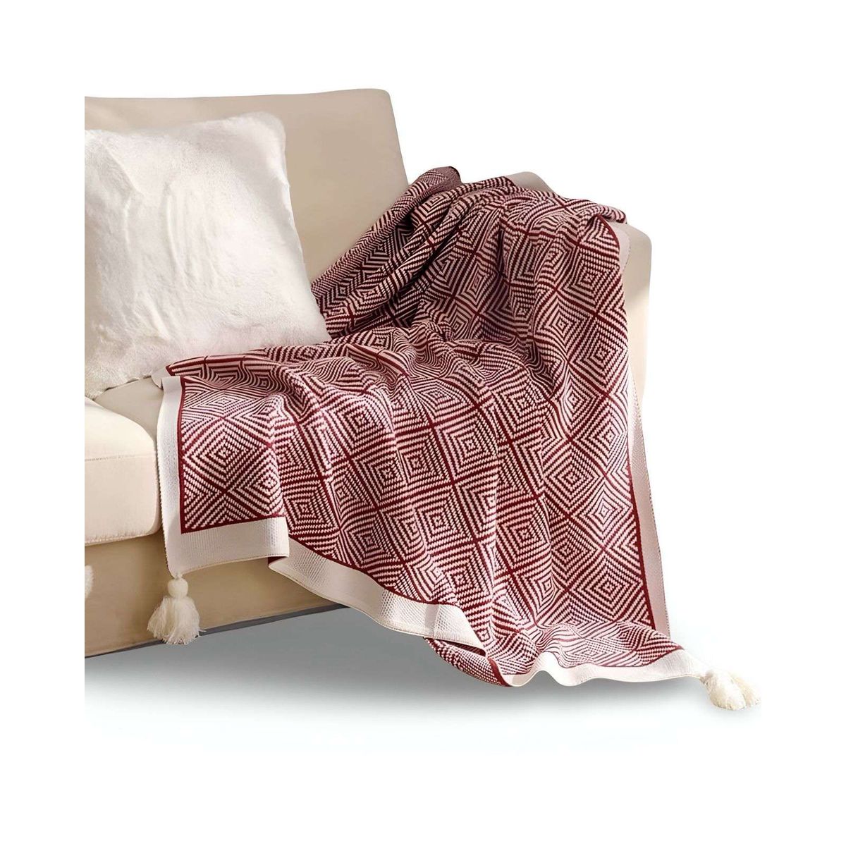 GENERICO - Mantas para sofas camas u oficinas con pompon 130x150 cm Burdeo