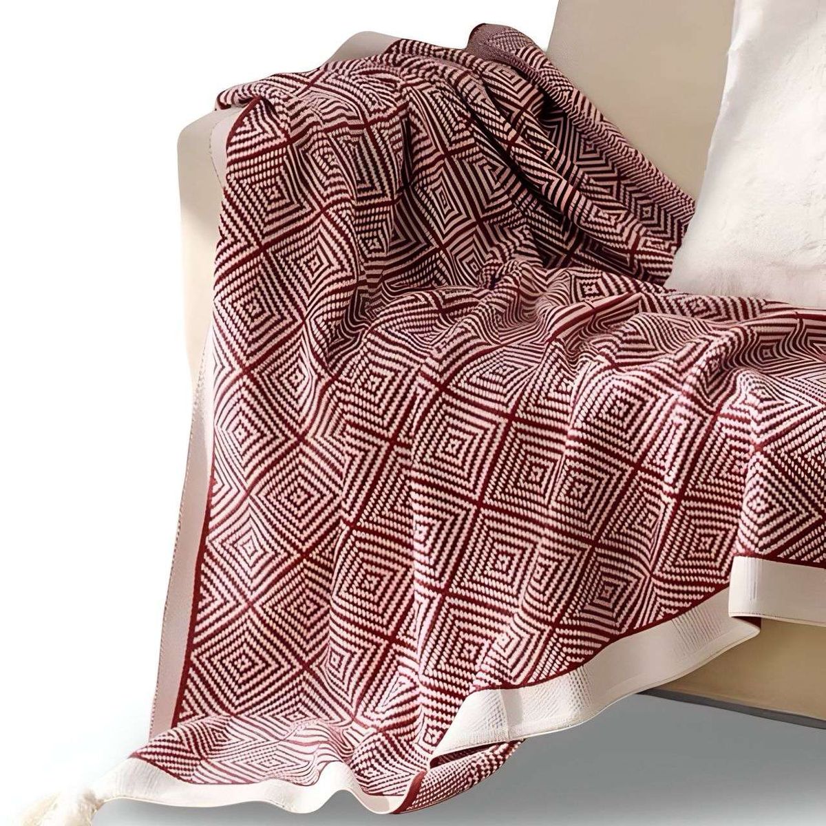 GENERICO - Mantas para sofas camas u oficinas con pompon 130x150 cm Burdeo