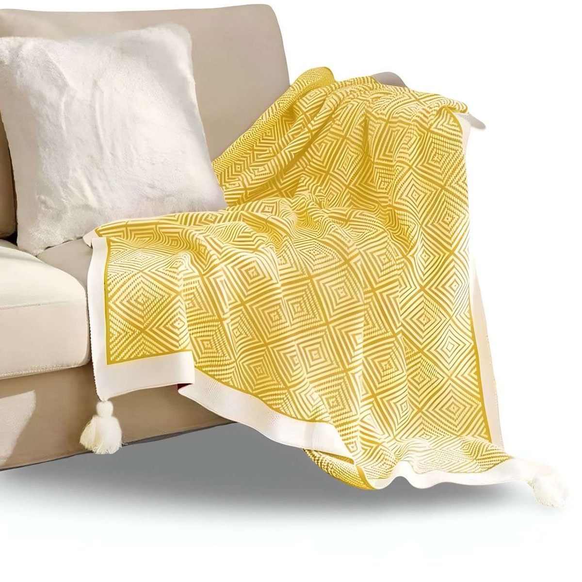 GENERICO - Mantas para sofas camas u oficinas con pompon 130x150 cm Amarillo