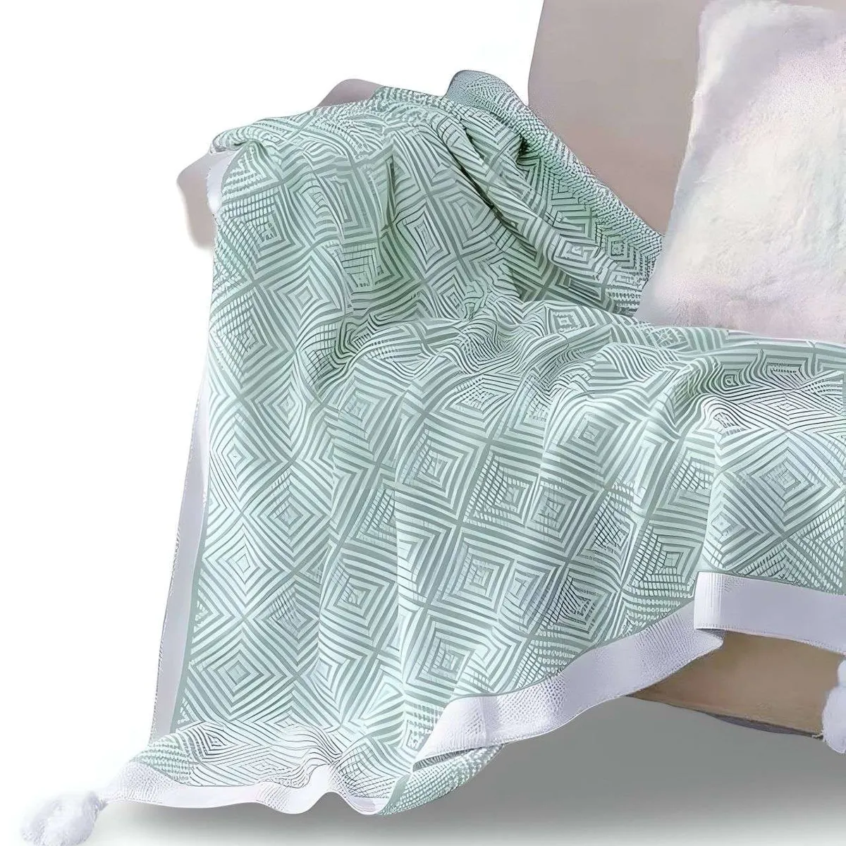 GENERICO - Mantas para sofas camas u oficinas con pompon 130x150 cm Verde