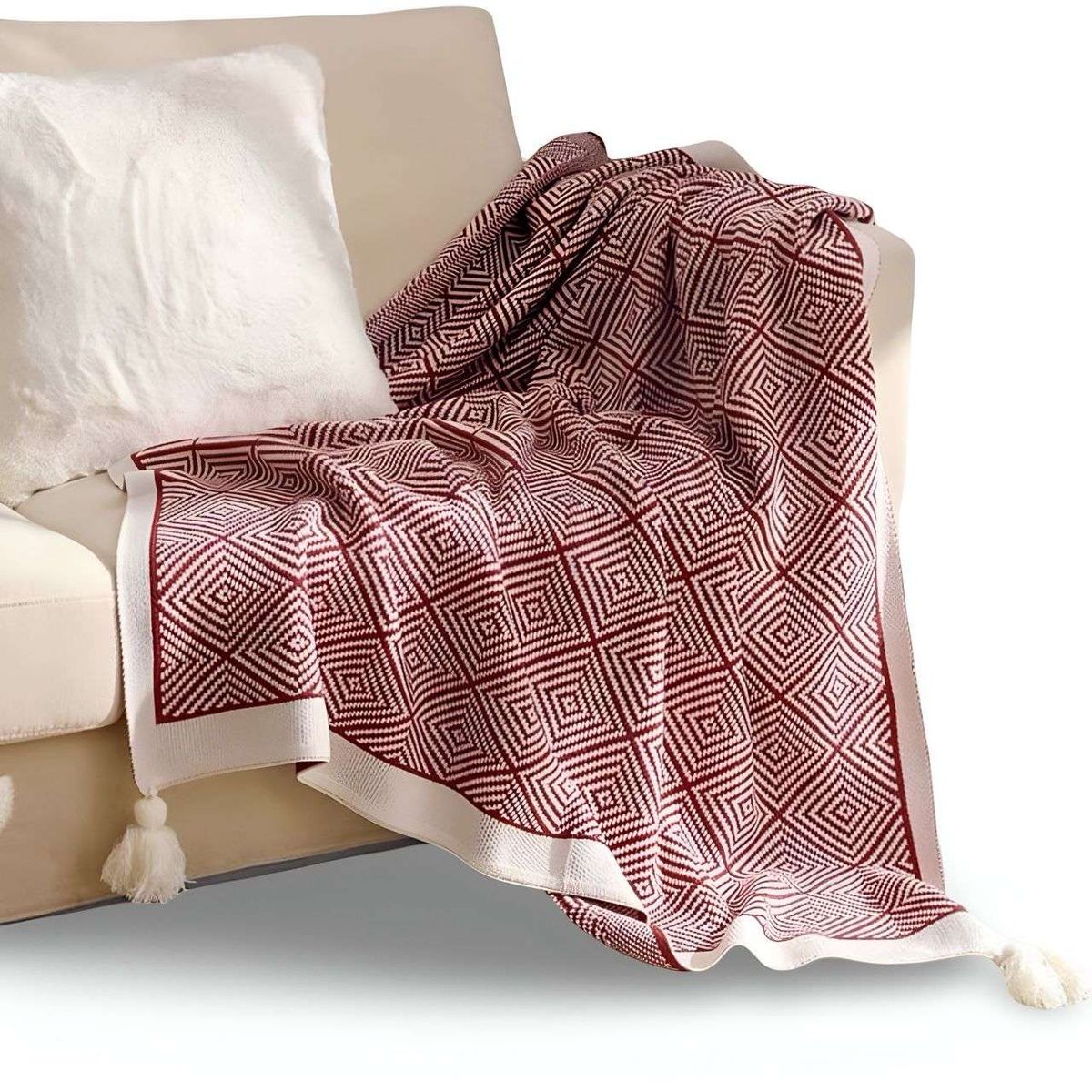 GENERICO - Mantas para sofas camas u oficinas con pompon 130x150 cm Burdeo