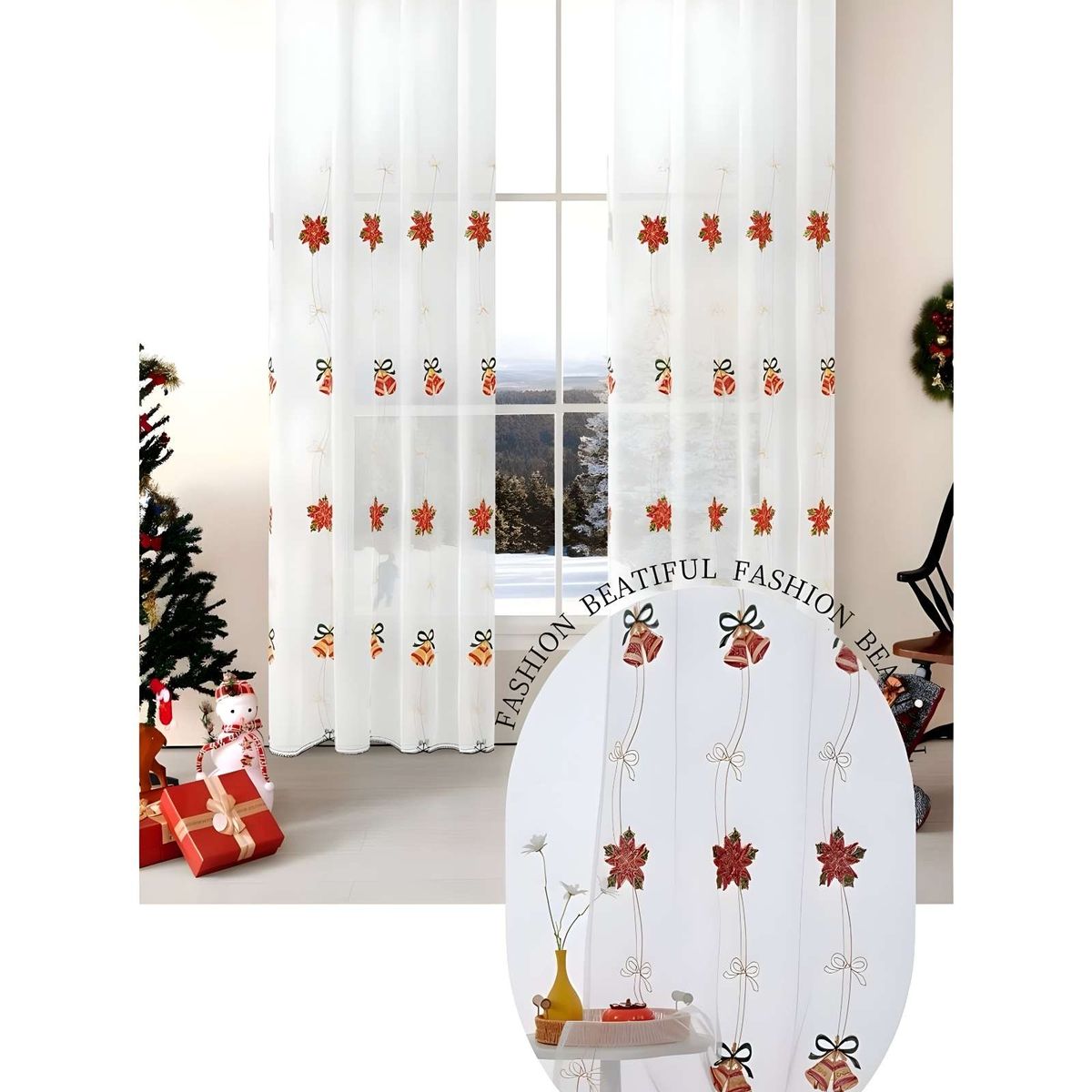 GENERICO - 2 PANEL DE CORTINA VISILLO TRANSPARENTE DISEÑO NAVIDEÑO 140X230 CM V1
