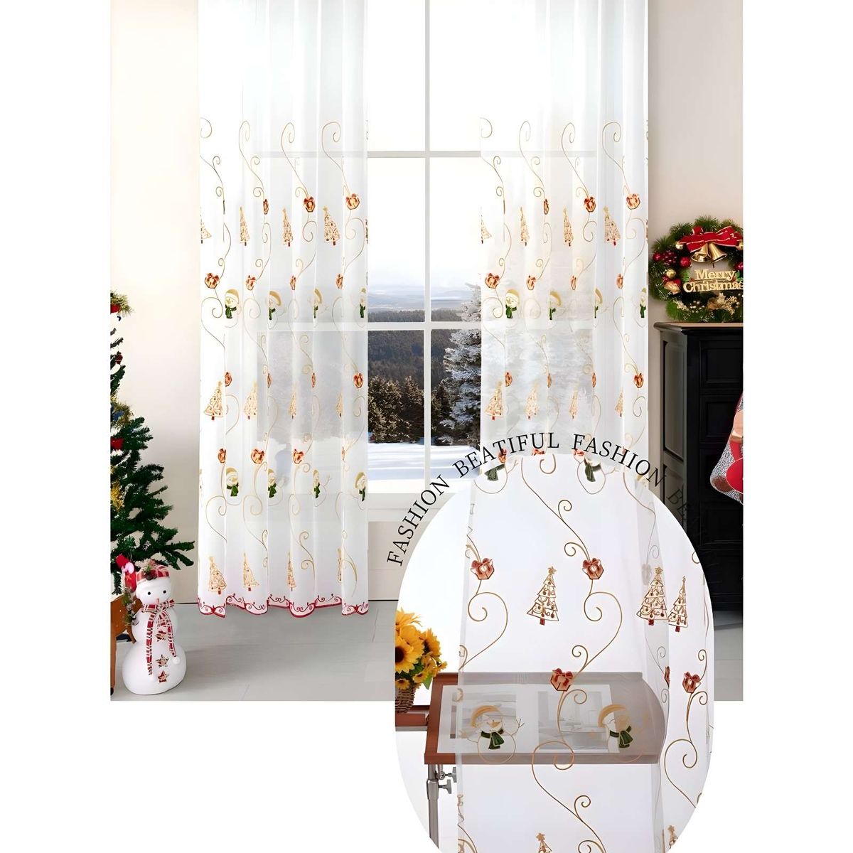 GENERICO - 2 PANEL DE CORTINA VISILLO TRANSPARENTE DISEÑO NAVIDEÑO 140X230 CM V2