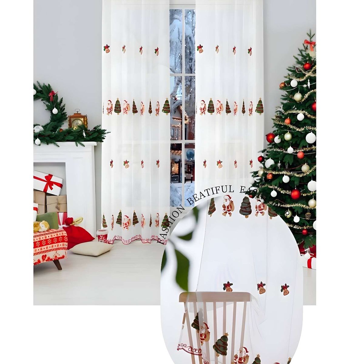 GENERICO - 2 PANEL DE CORTINA VISILLO TRANSPARENTE DISEÑO NAVIDEÑO 140X230 CM V4