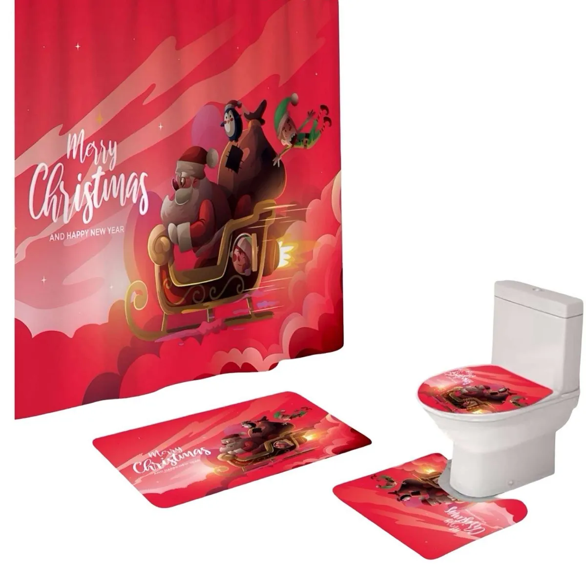 GENERICO - SET 4 PIEZAS CORTINA DE BAÑO Y ALFOMBRAS DISEÑO NAVIDEÑO TF08