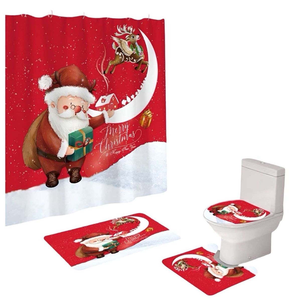 GENERICO - SET 4 PIEZAS CORTINA DE BAÑO Y ALFOMBRAS DISEÑO NAVIDEÑO TF04