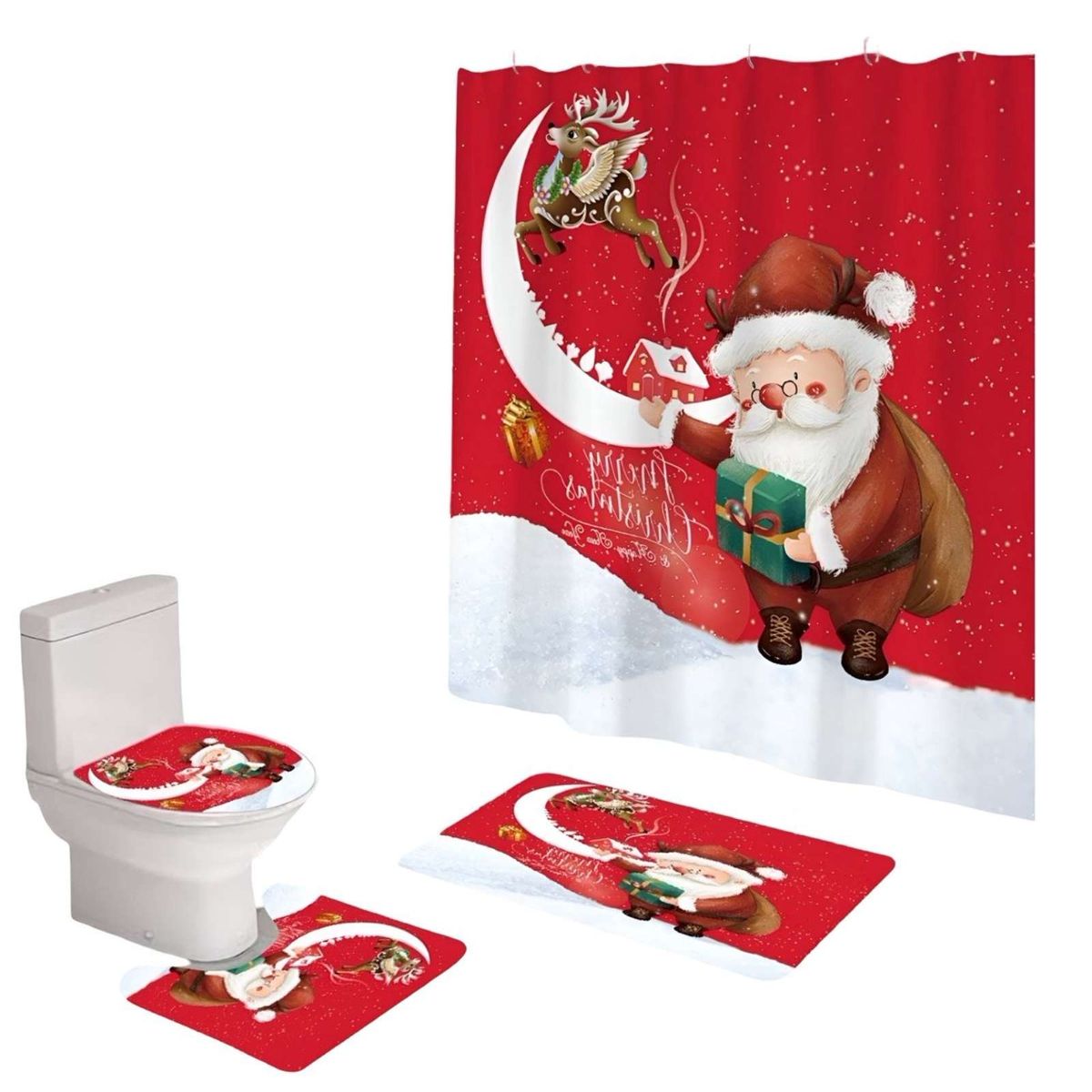 GENERICO - SET 4 PIEZAS CORTINA DE BAÑO Y ALFOMBRAS DISEÑO NAVIDEÑO TF04