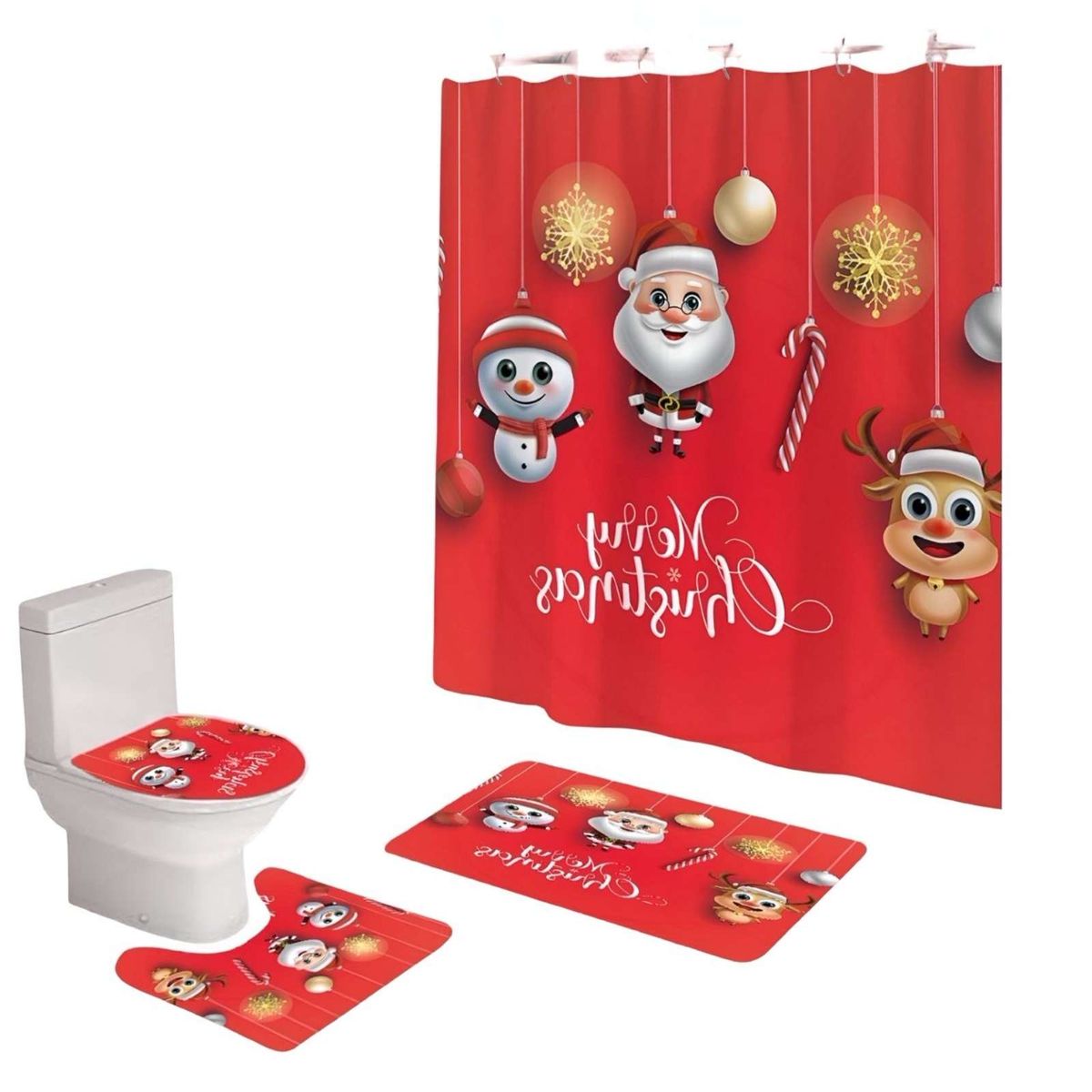 GENERICO - SET 4 PIEZAS CORTINA DE BAÑO Y ALFOMBRAS DISEÑO NAVIDEÑO TF06
