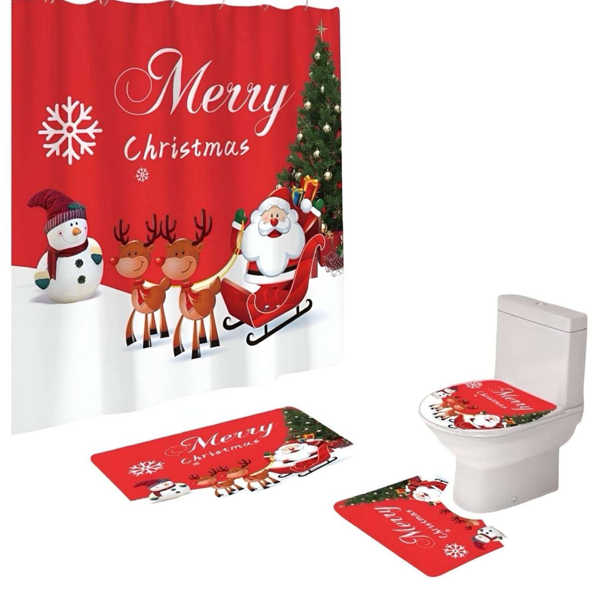 GENERICO - SET 4 PIEZAS CORTINA DE BAÑO Y ALFOMBRAS DISEÑO NAVIDEÑO TF07