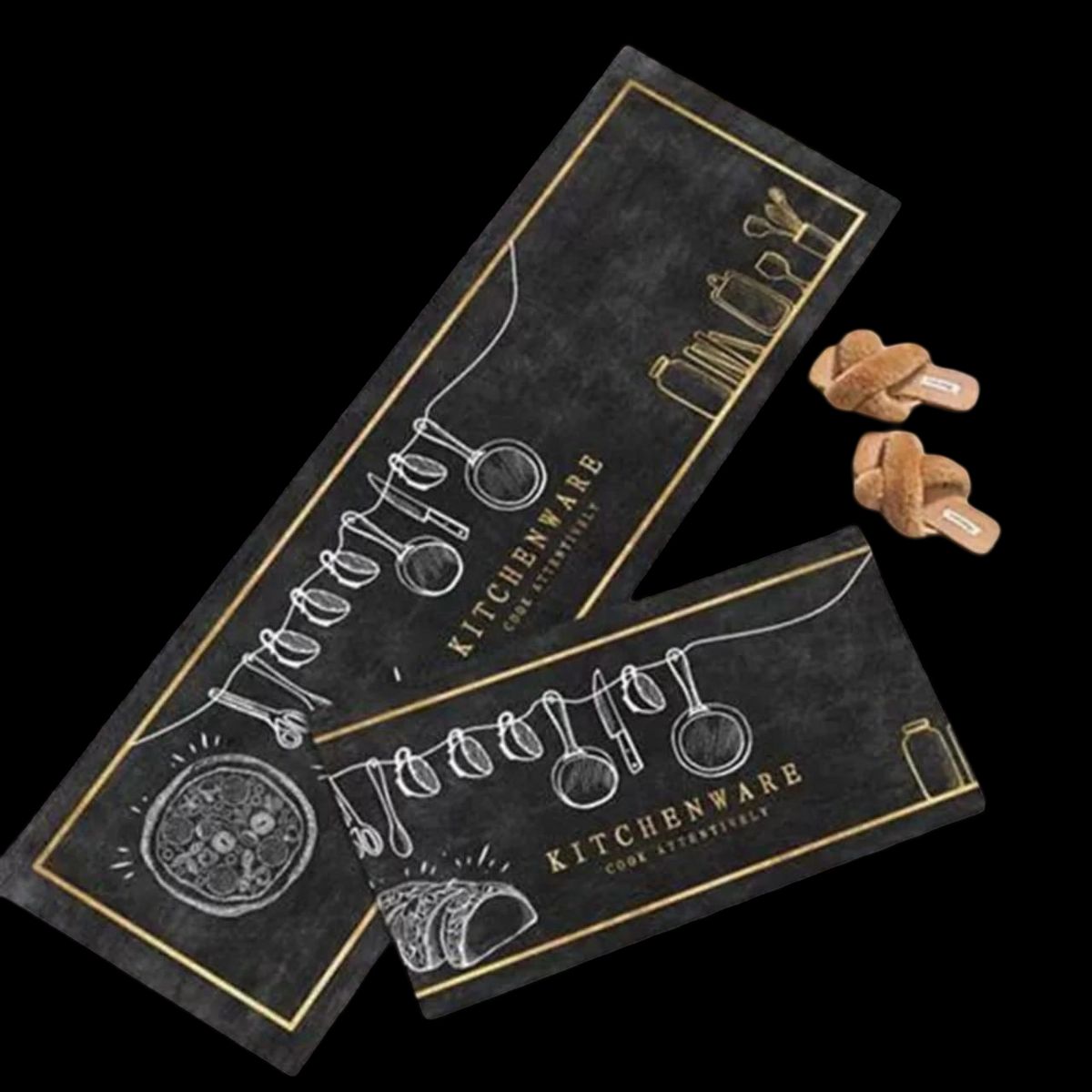 GENERICO - ALFOMBRA PARA COCINA SET DE 2 PEIZAS KITCHENWARE NEGRO DORADO KND-046