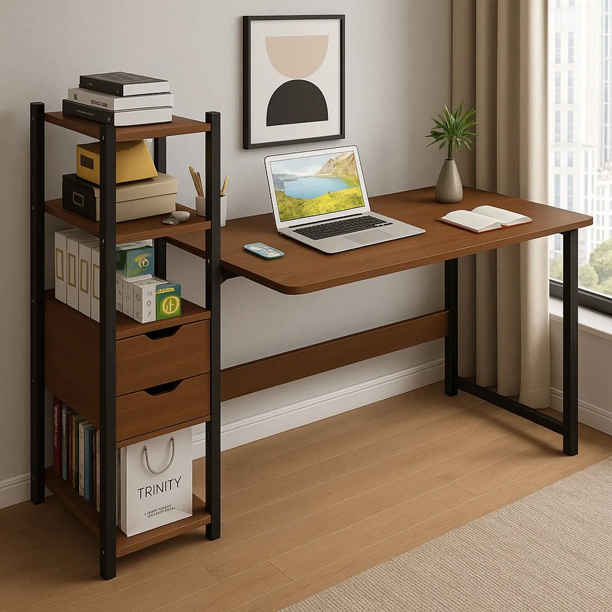 SPACE HOME - Escritorio trinity con librero lateral y 2 gavetas marron