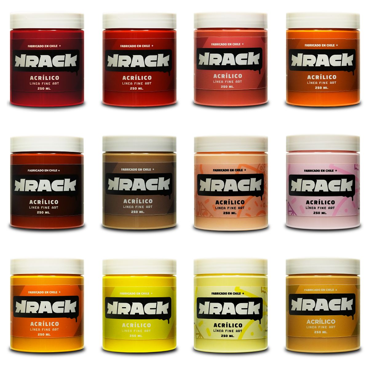 PINTURAS KRACK - Pack Acrílicos Cálido – 12 Colores de 250 ml