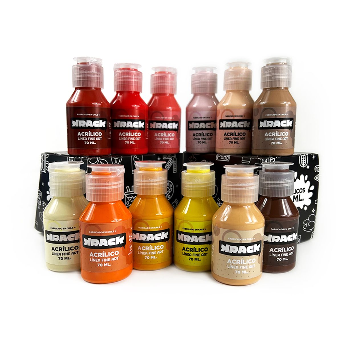 PINTURAS KRACK - Pack Acrílicos Cálidos – 12 Colores de 70 ml
