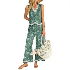 TIOZONEY - Conjunto informal estampado para mujer-Verde