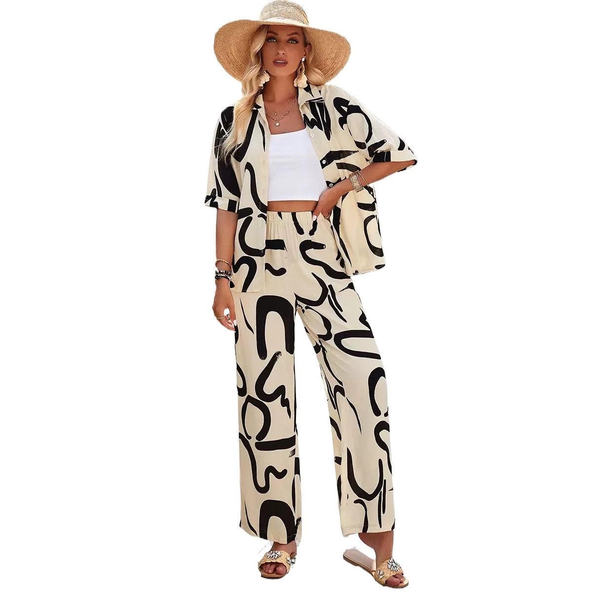 TIOZONEY - Conjunto informal estampado para mujer-Marrón