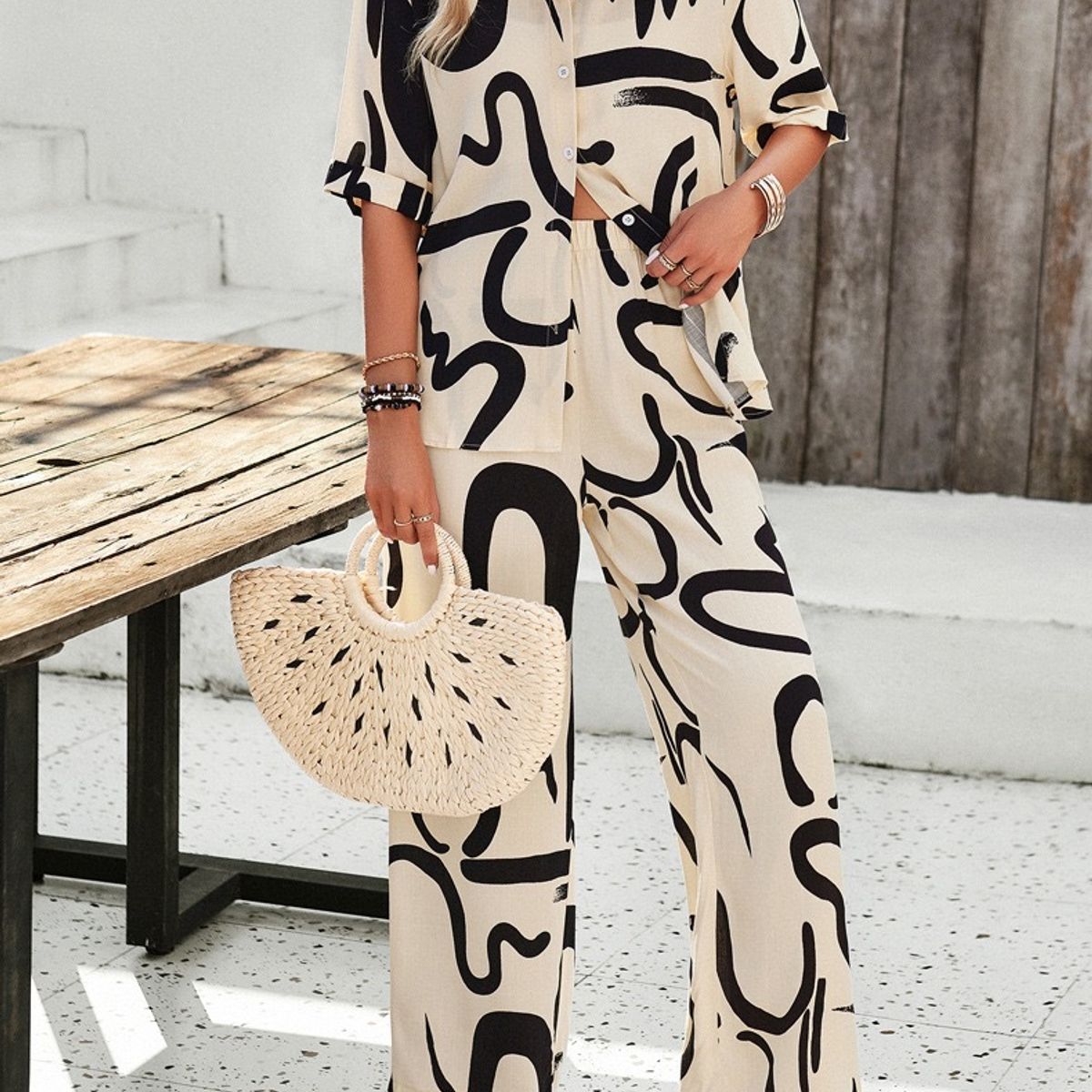 TIOZONEY - Conjunto informal estampado para mujer-Marrón