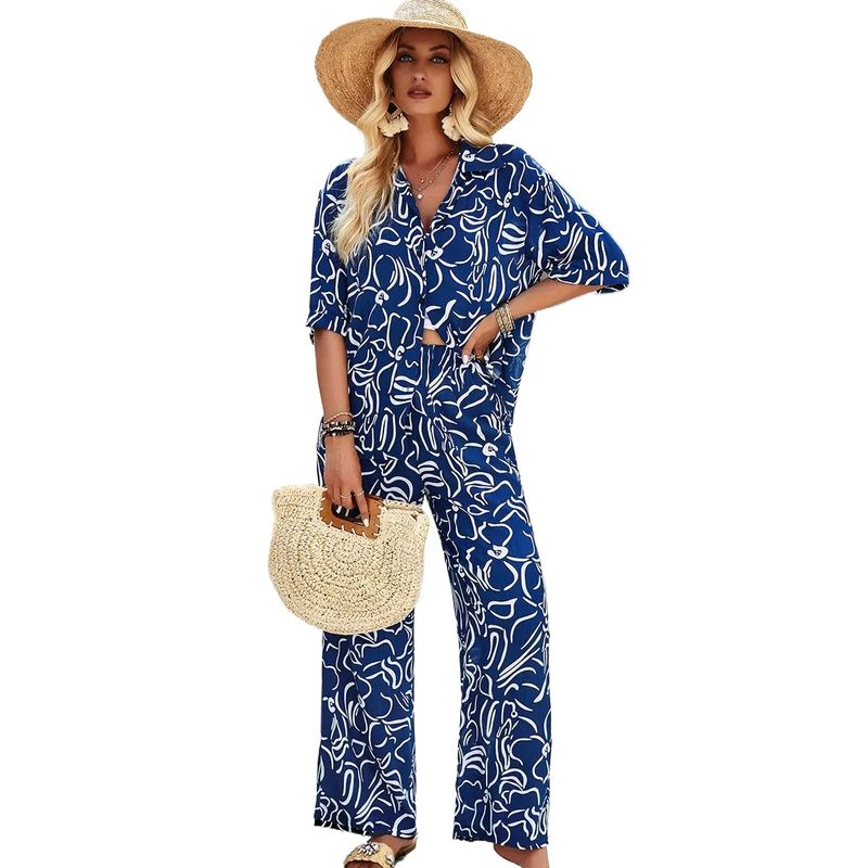 TIOZONEY - Conjunto informal estampado para mujer-Azul