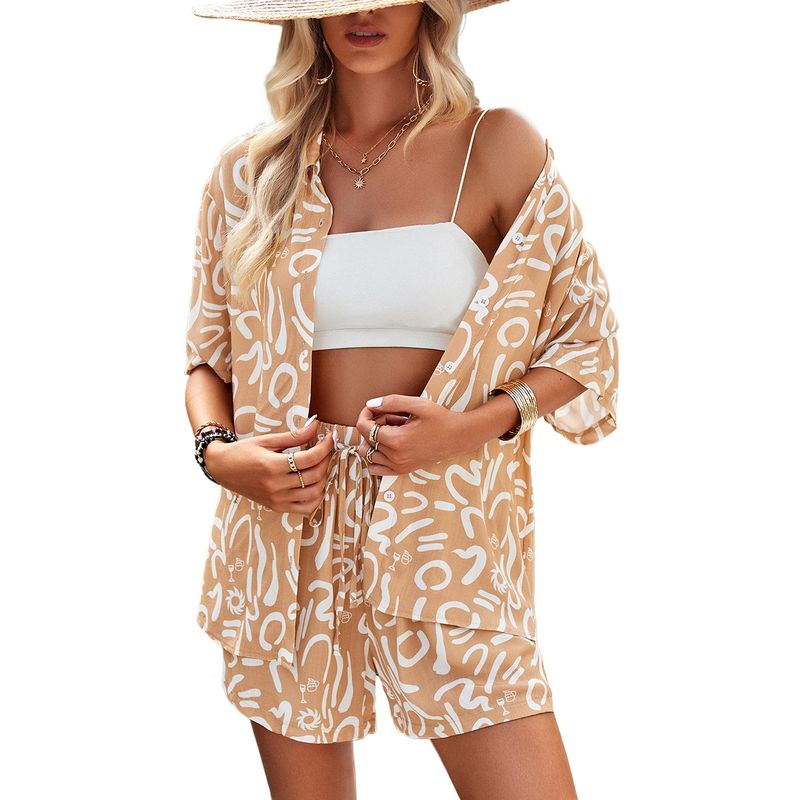 TIOZONEY - Traje de camisa estampada para mujer-Marrón