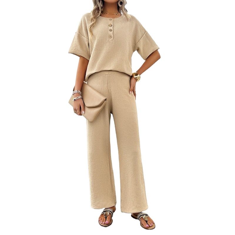 TIOZONEY - Traje de manga corta de punto para mujer-Beige