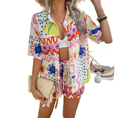 TIOZONEY - Traje de camisa estampada para mujer-Blanco