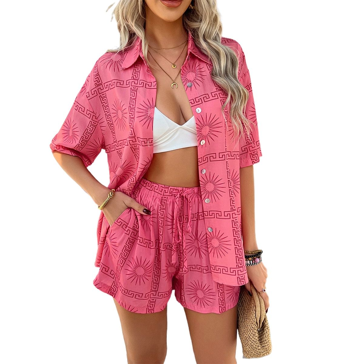 TIOZONEY - Traje de camisa estampada para mujer-Rosa