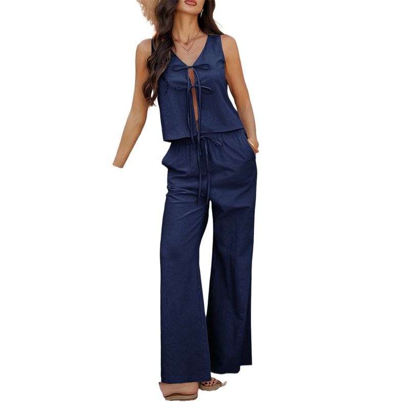 TIOZONEY - Traje sin mangas de color liso para mujer-Azul