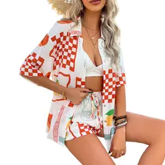 TIOZONEY - Conjunto de cárdigan estampado para mujer-Blanco