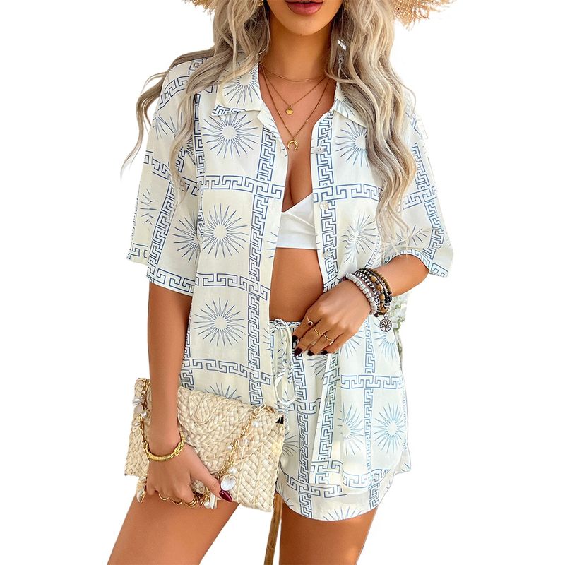 TIOZONEY - Conjunto de cárdigan estampado para mujer-Azul