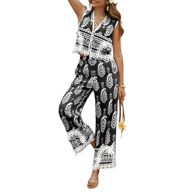 TIOZONEY - Conjunto estampado de manga corta para mujer-Negro