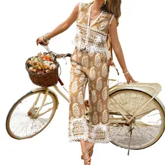 TIOZONEY - Conjunto estampado de manga corta para mujer-Café