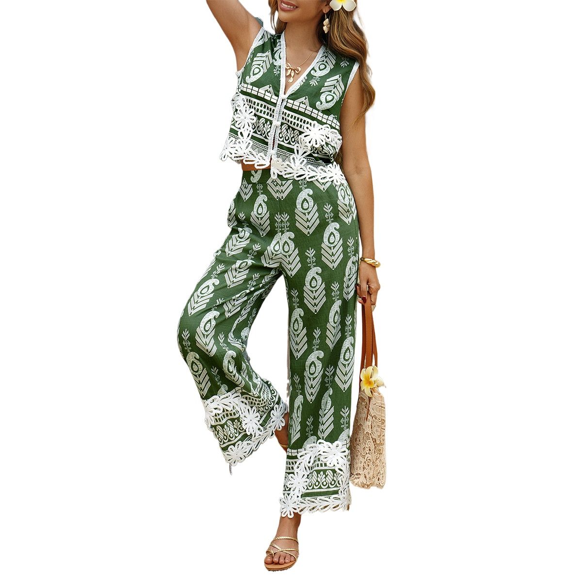 TIOZONEY - Conjunto estampado de manga corta para mujer-Verde