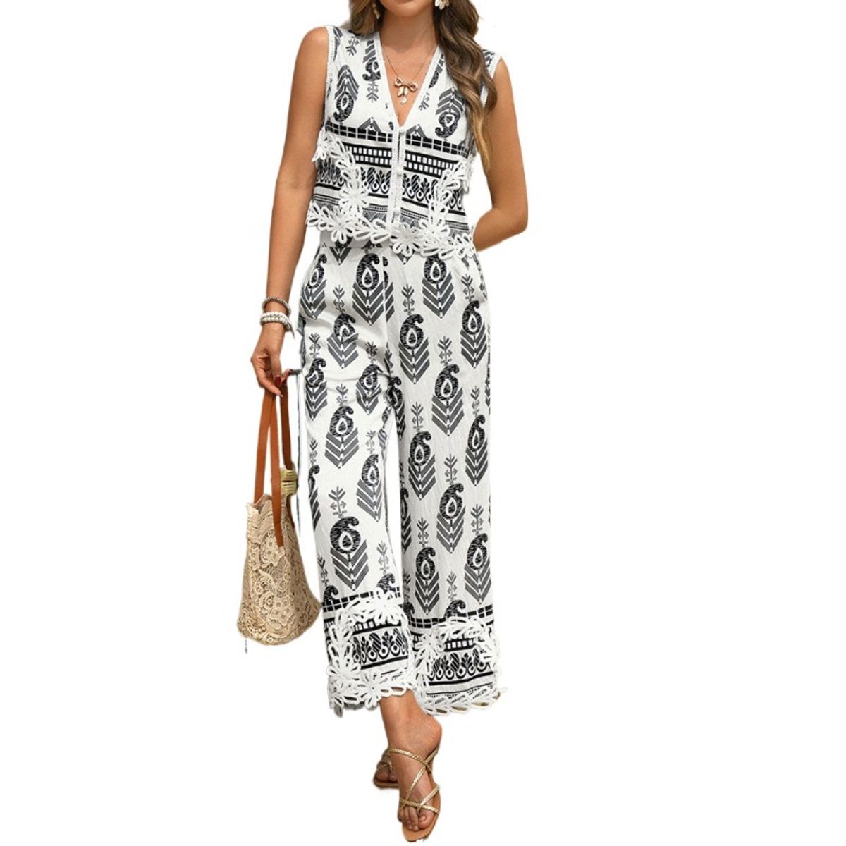 TIOZONEY - Conjunto estampado de manga corta para mujer-Blanco