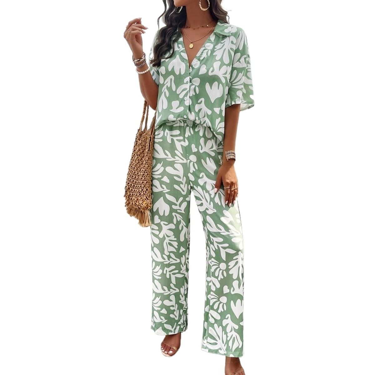 TIOZONEY - Conjunto estampado de manga corta-Verde