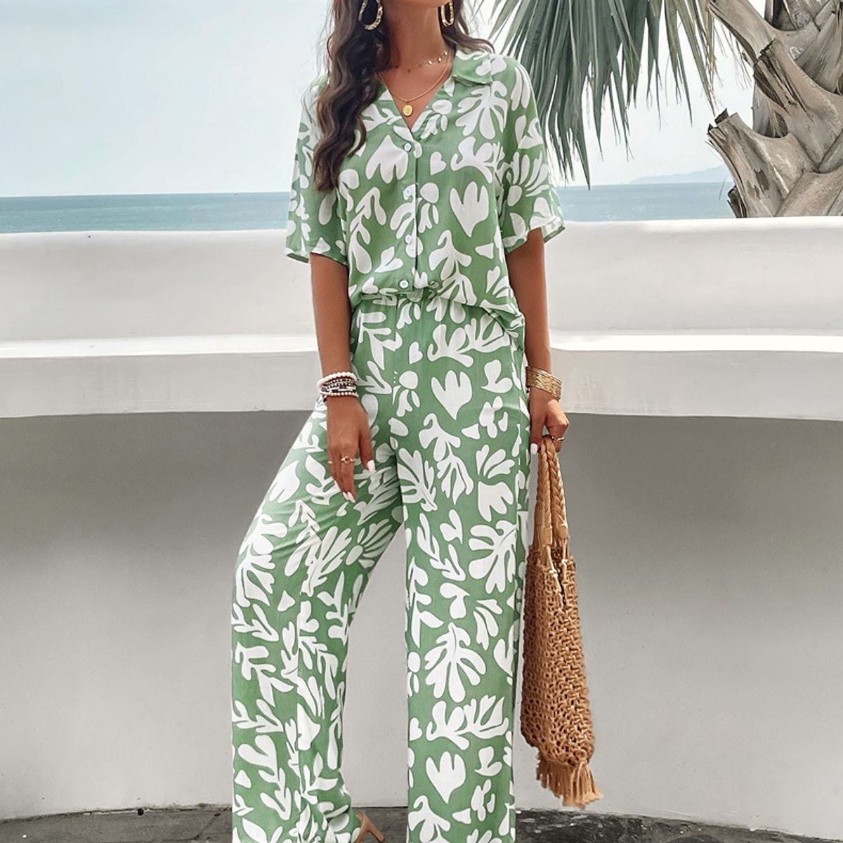 TIOZONEY - Conjunto estampado de manga corta-Verde