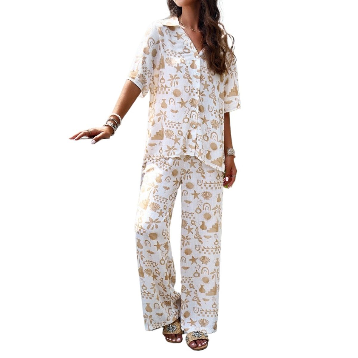 TIOZONEY - Conjunto estampado de manga corta-Beige