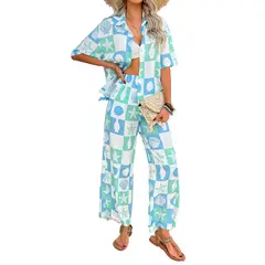 TIOZONEY - Conjunto estampado de manga corta-Azul