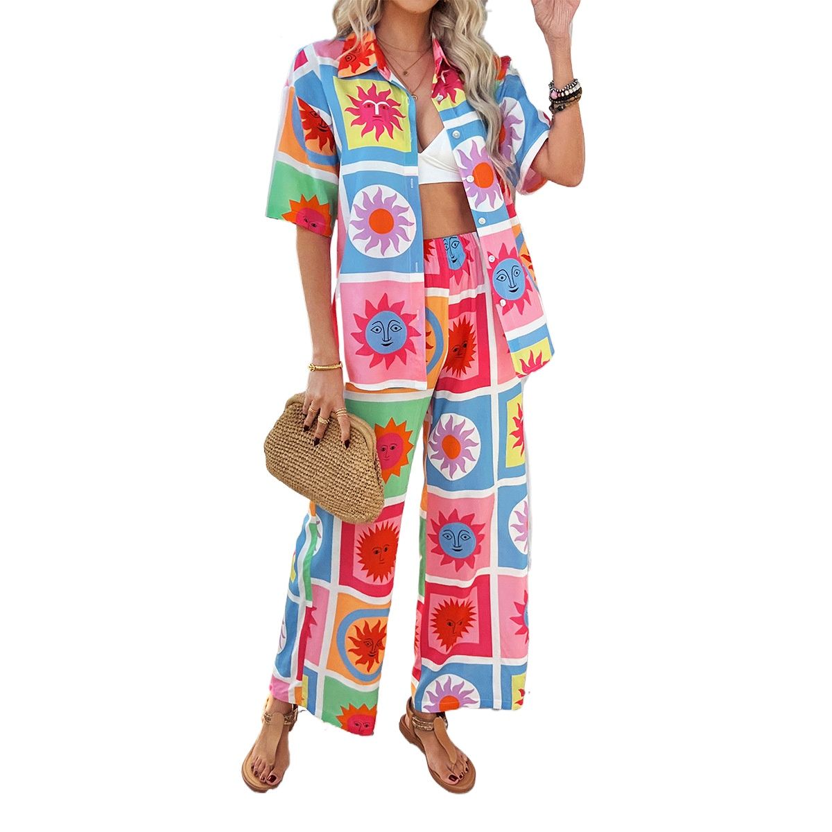 TIOZONEY - Conjunto estampado de manga corta-Rosa