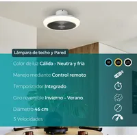 Ventilador Techo y Pared Luz led regulable Control remoto invierno verano
