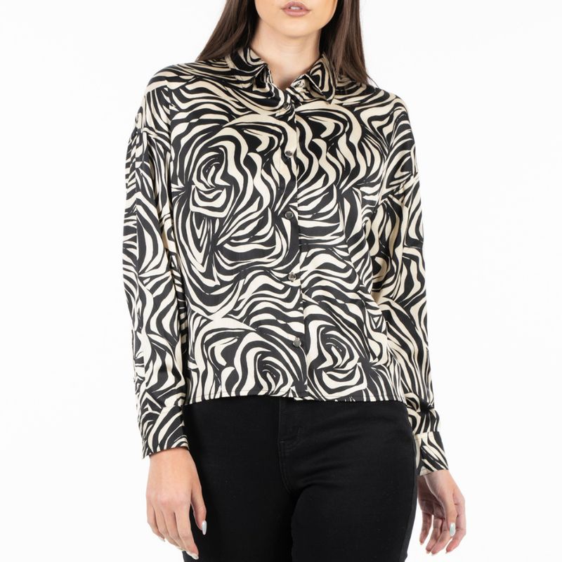 ELLUS - Blusa Manga Larga Satin Animal Print Zebra Negro Ellus