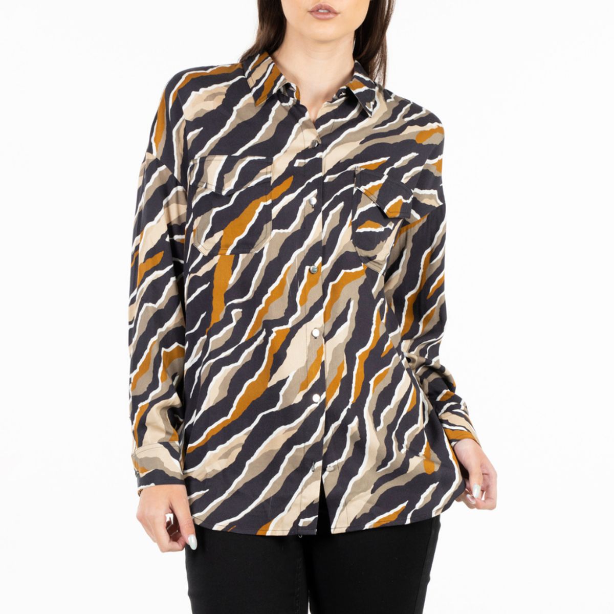 ELLUS - Blusa Manga Larga Viscosa Full Print Café Ellus