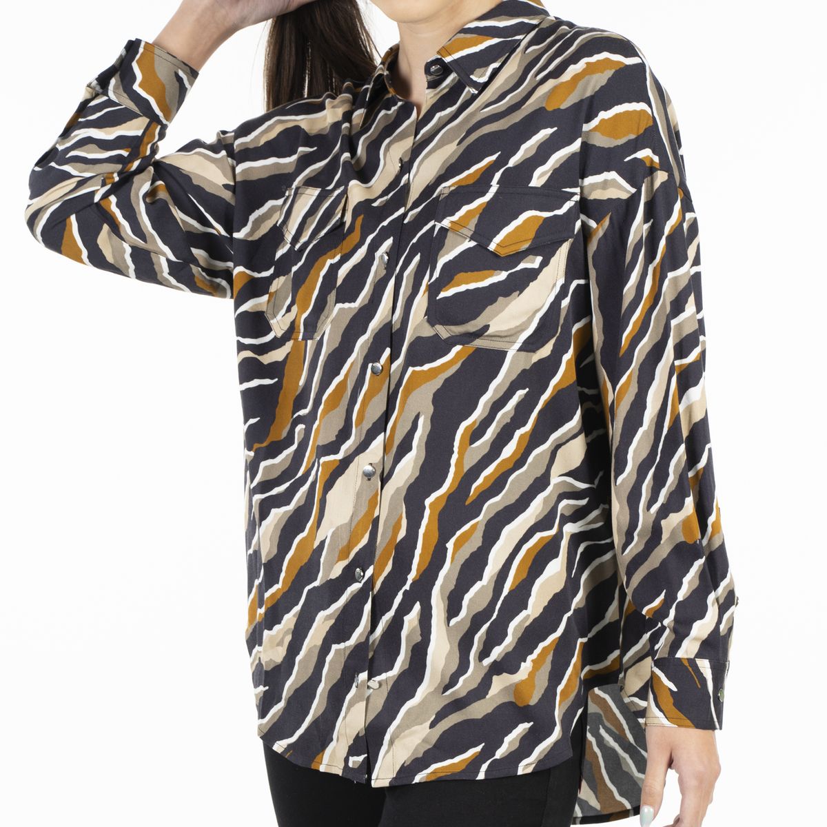 ELLUS - Blusa Manga Larga Viscosa Full Print Café Ellus