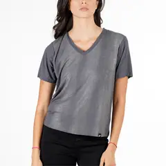 ELLUS - Polera Manga Corta Cuello en V With Foil Cursivo Gris