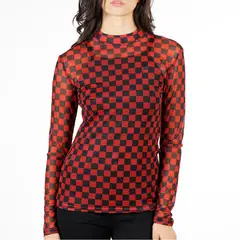 ELLUS - Polera Manga Larga Mesh Square Negro y Rojo
