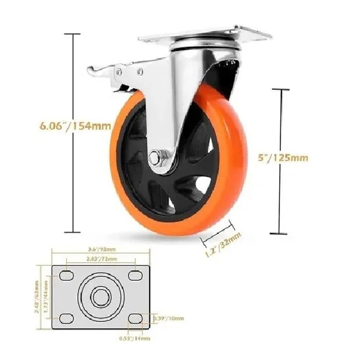 EOLAND - X4 Rueda Giratoria Naranja Rueda Industrial Multiuso 5 Pulgadas
