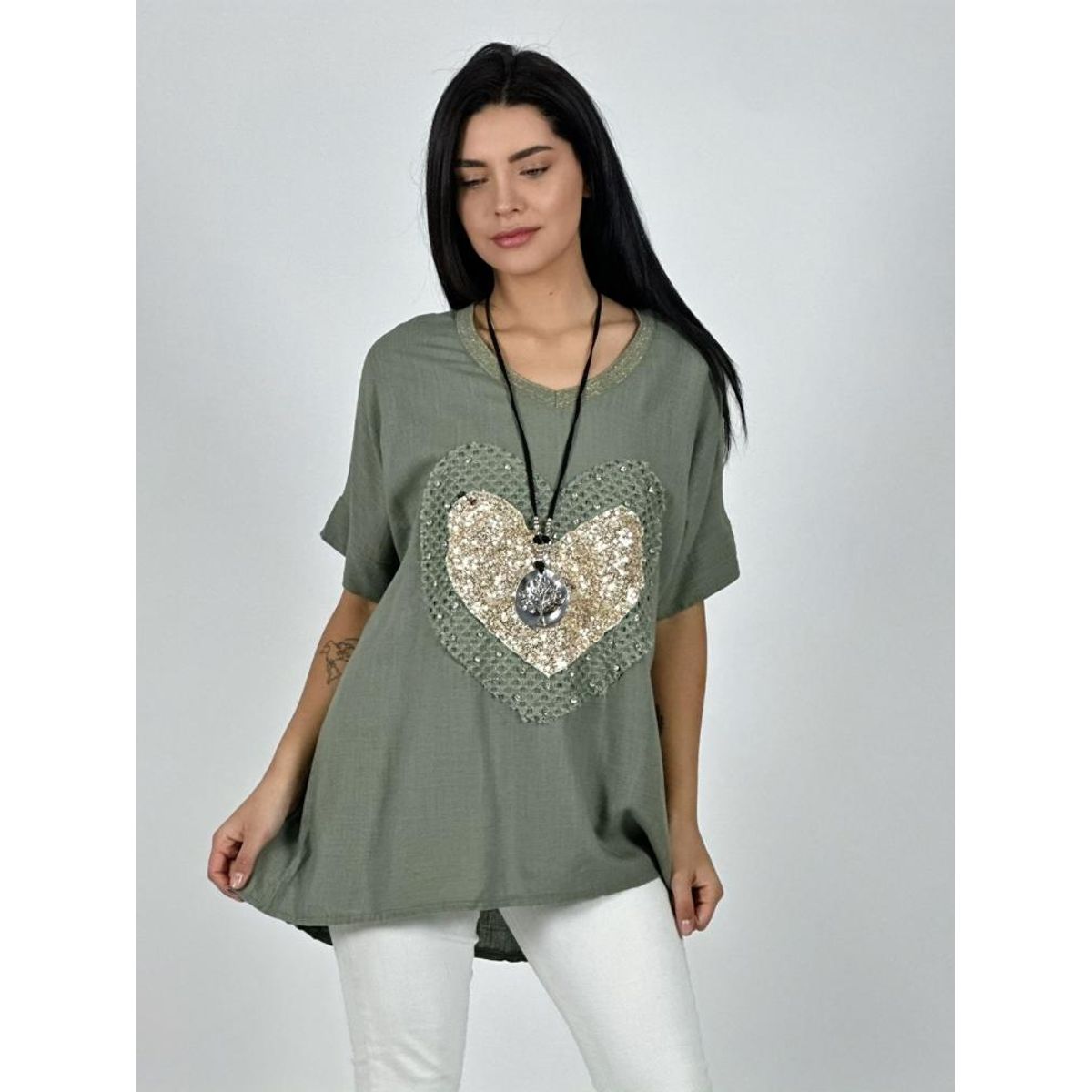 ENIGMATICA BOUTIQUE - Polera Lino Corazón Brillos y Broderi