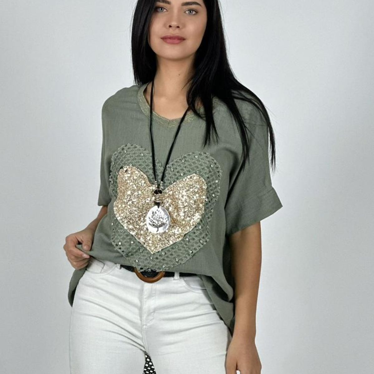 ENIGMATICA BOUTIQUE - Polera Lino Corazón Brillos y Broderi